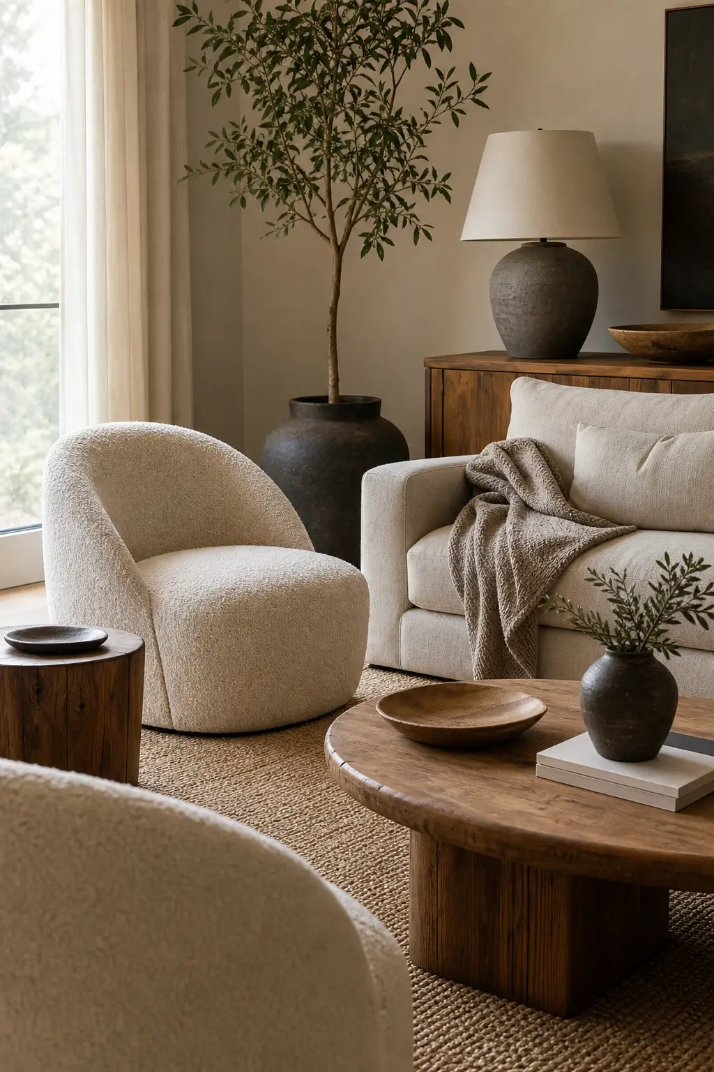 Let texture carry neutral palette in a cozy designer conversation room