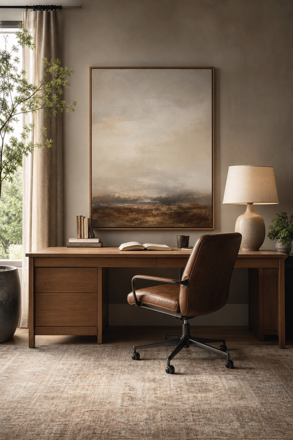 Beautiful home office with large quiet artwork above desk, warm wood furniture, lamp, textured rug, calm palette