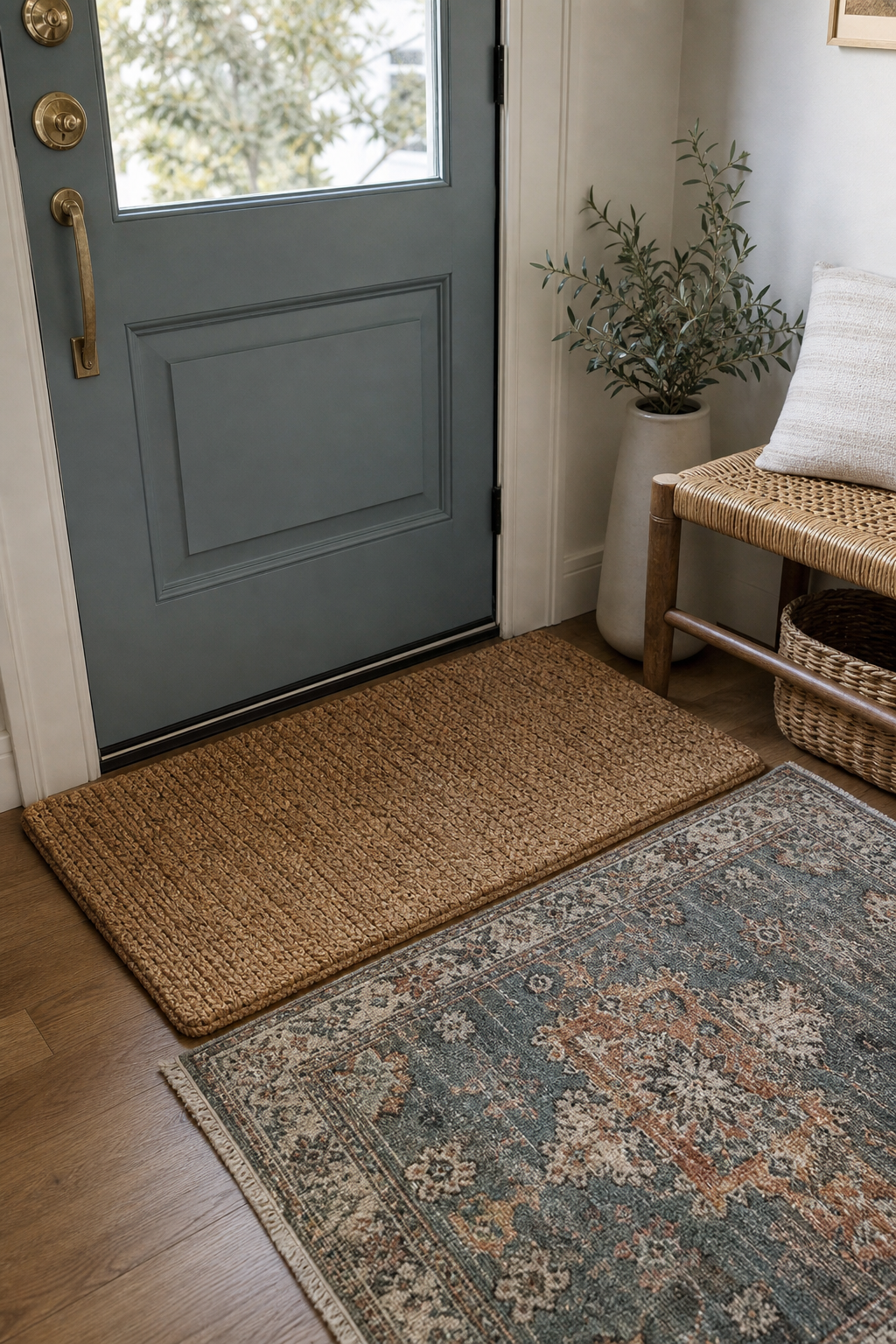 Entryway with coir doormat layered before a runner rug