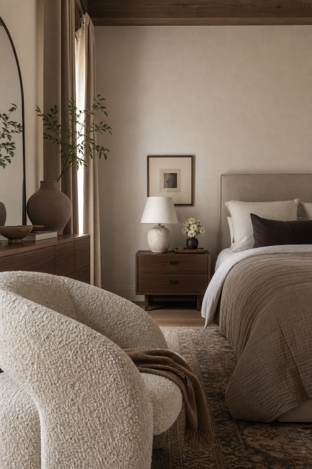 Mix Boucle With Smooth Wood in a cozy Pinterest-worthy bedroom