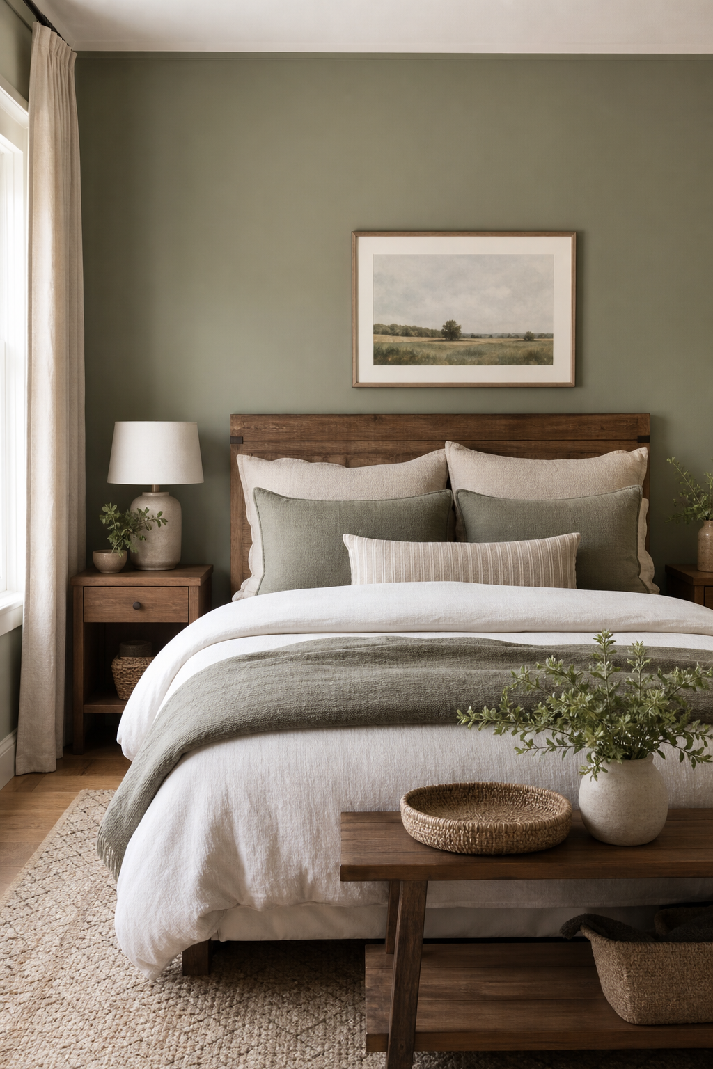 Gender-neutral guest bedroom with warm neutrals, muted green accents, wood bed, soft rug, simple art