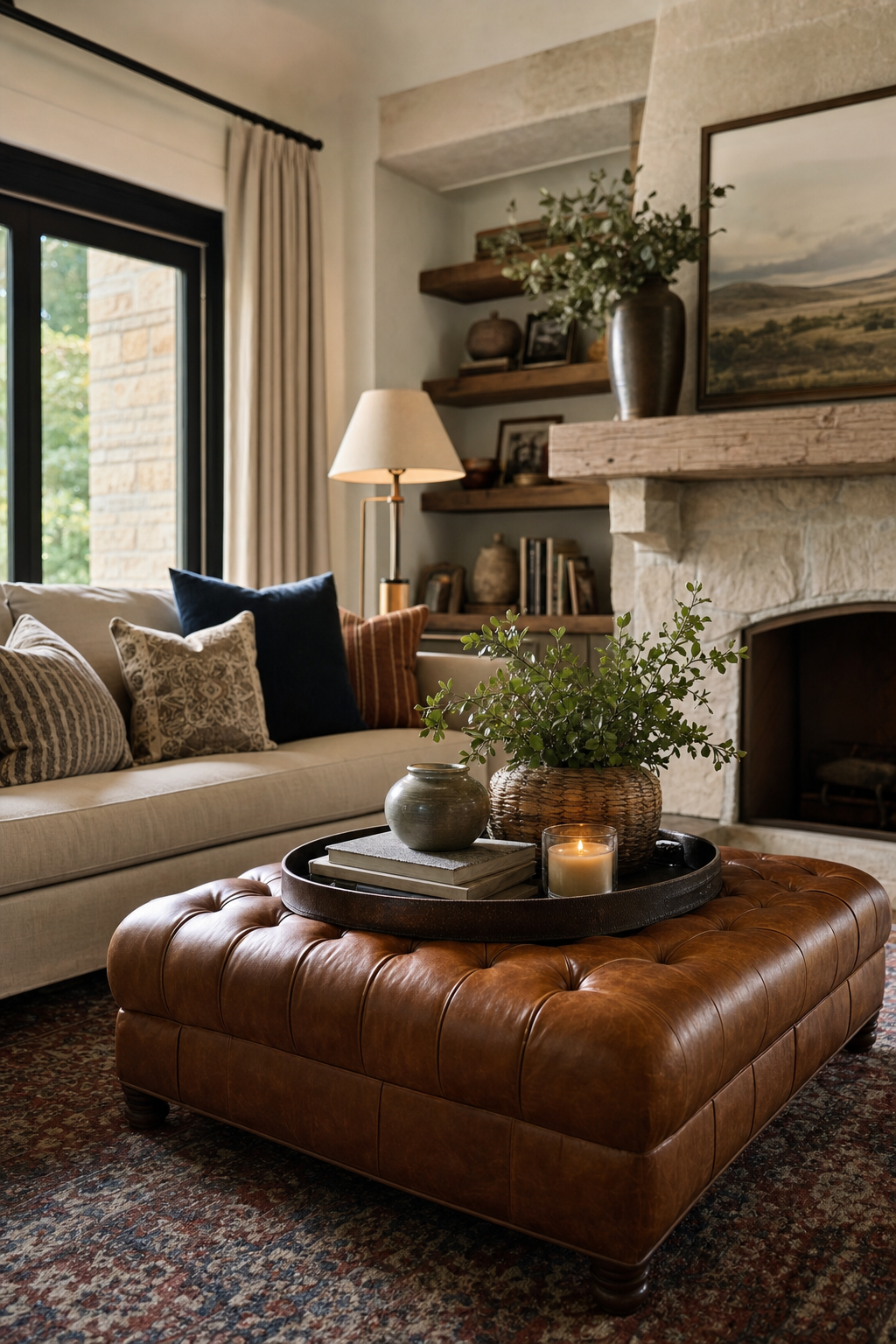 Add A Leather Ottoman in a cozy designer living room
