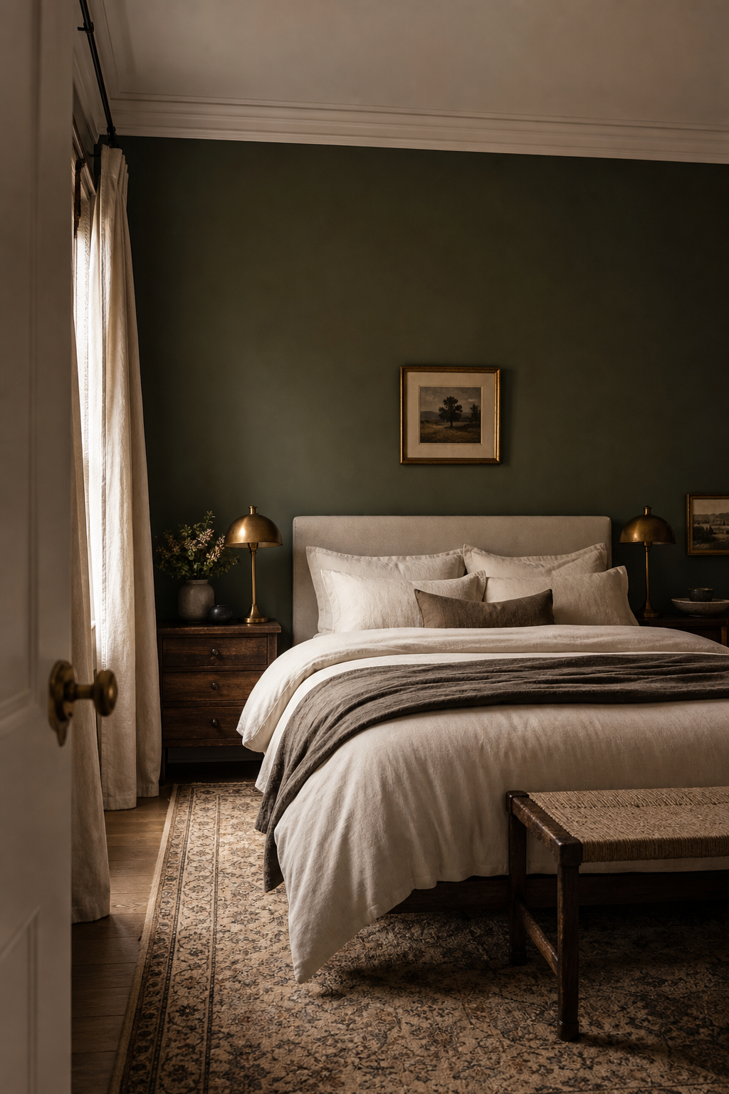 Cozy bedroom with deep olive accent wall, pale bedding, and warm brass lighting