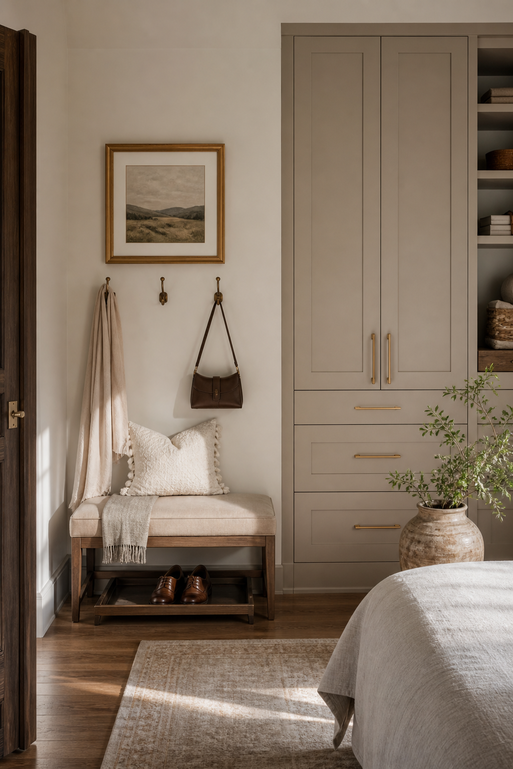 Add A Bench Beside The Closet Wall in a stylish wall closet design