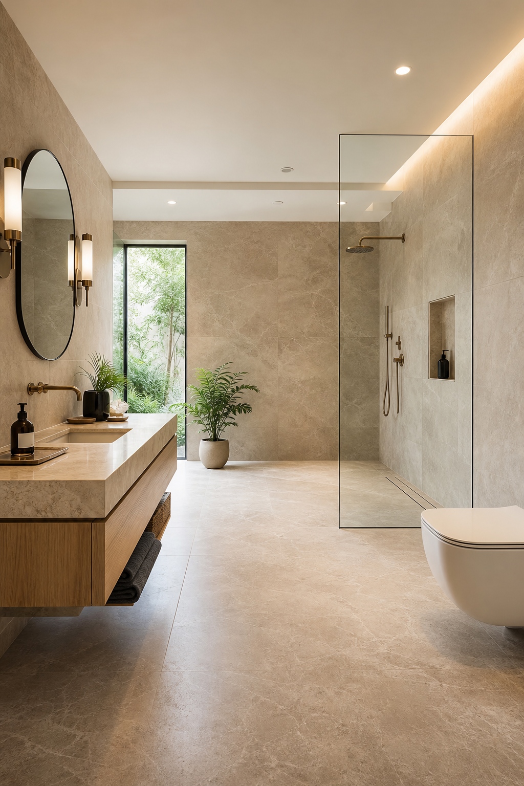Use curbless shower for flow in a spa-like guest bathroom