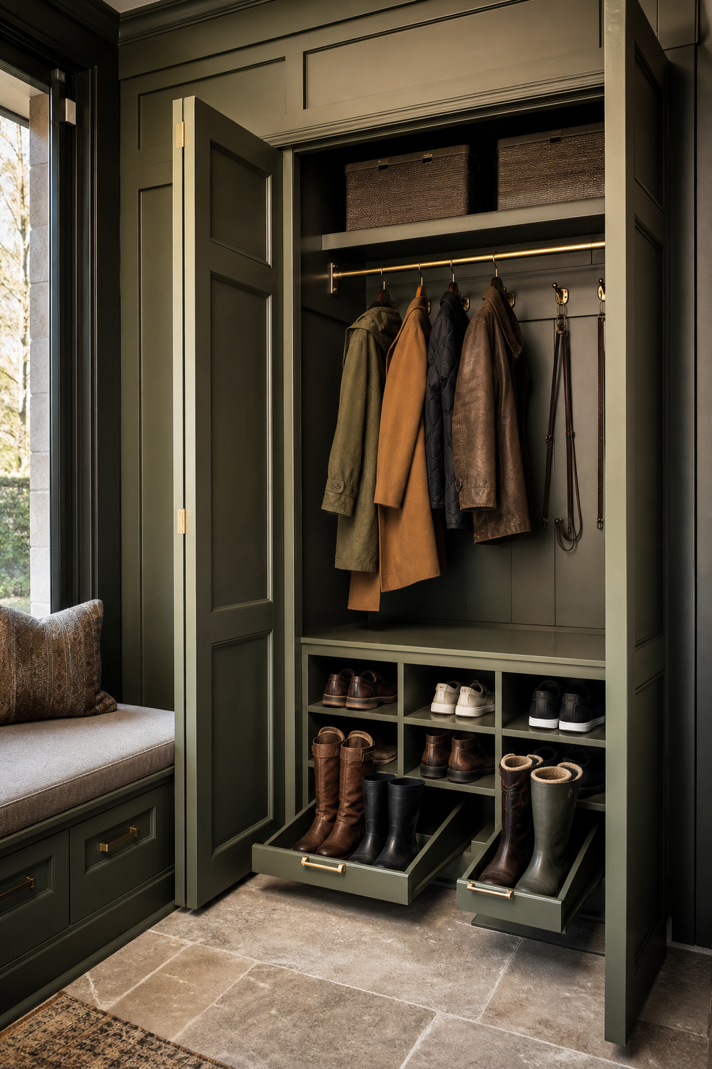 Luxury mudroom closet with paneled doors, coat storage, shoe cubbies, boot trays, and dark green interior