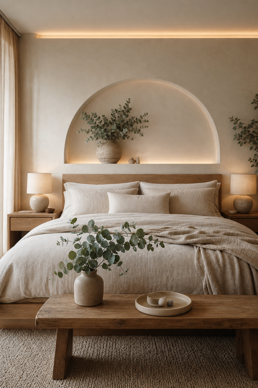 Earthy spa bedroom with pale wood, linen bedding, eucalyptus, and warm lighting