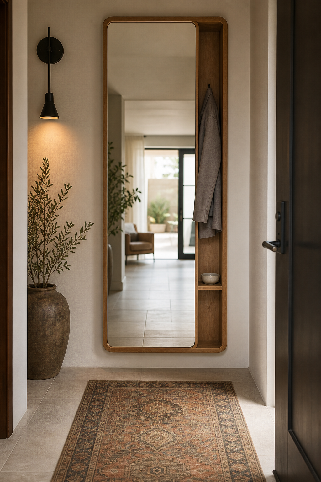Standing mirror with discreet storage in a stylish entryway