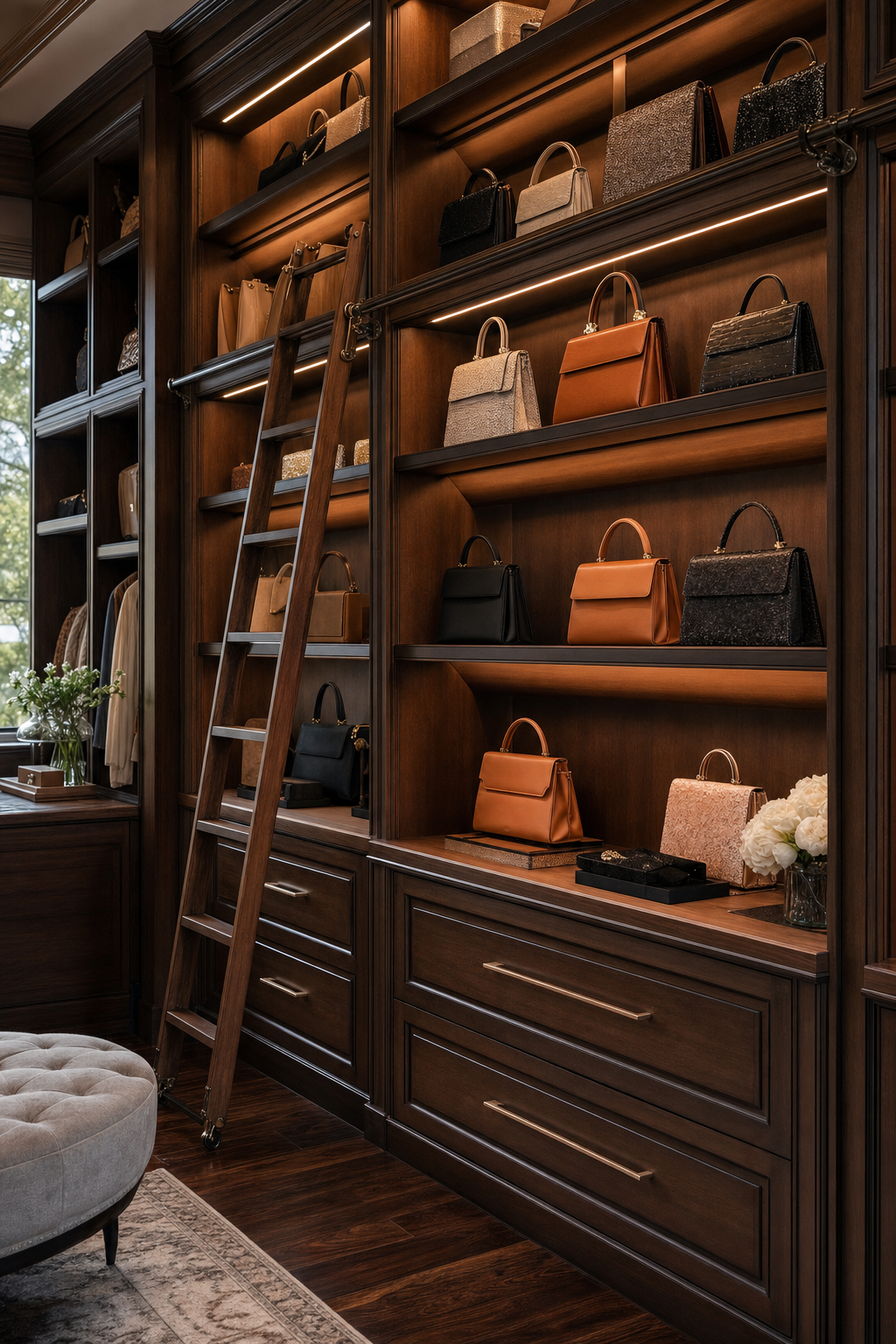 Reserve Top Shelves For Occasion Bags in a neat stylish handbag closet