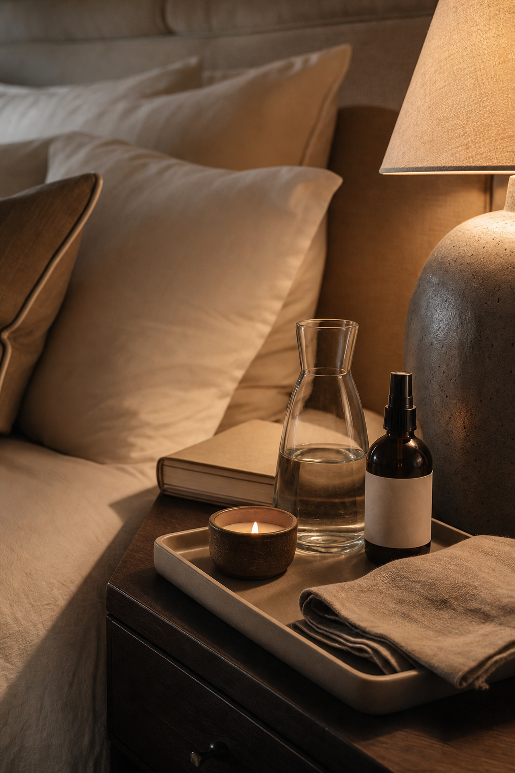 Cozy bedside ritual with ceramic tray, candle, carafe, and folded linen