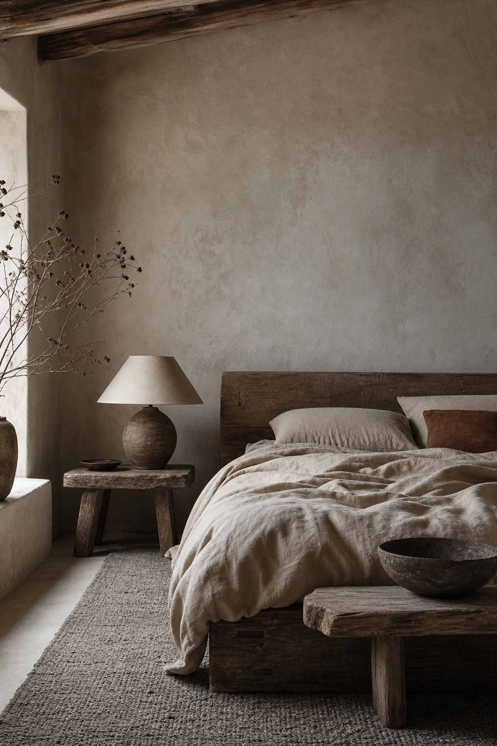 Wabi-sabi bedroom with textured plaster, weathered wood bed, and rumpled linen