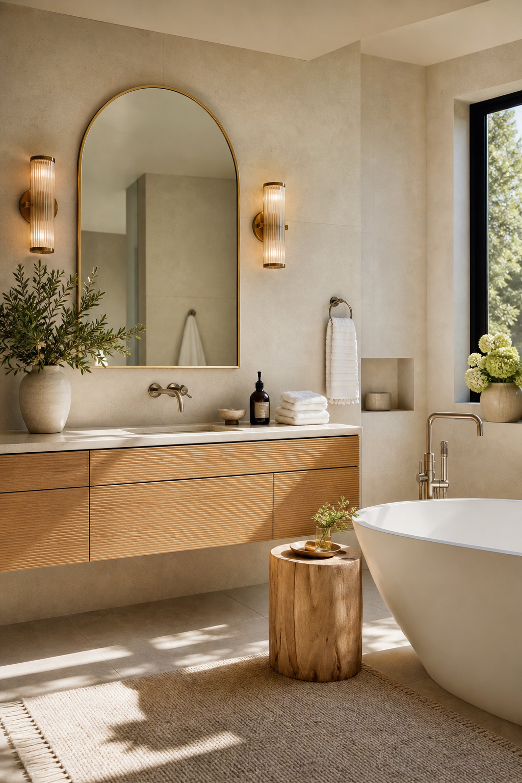 Spa-like bathroom with limestone walls, oak vanity, arched mirror, and freestanding tub