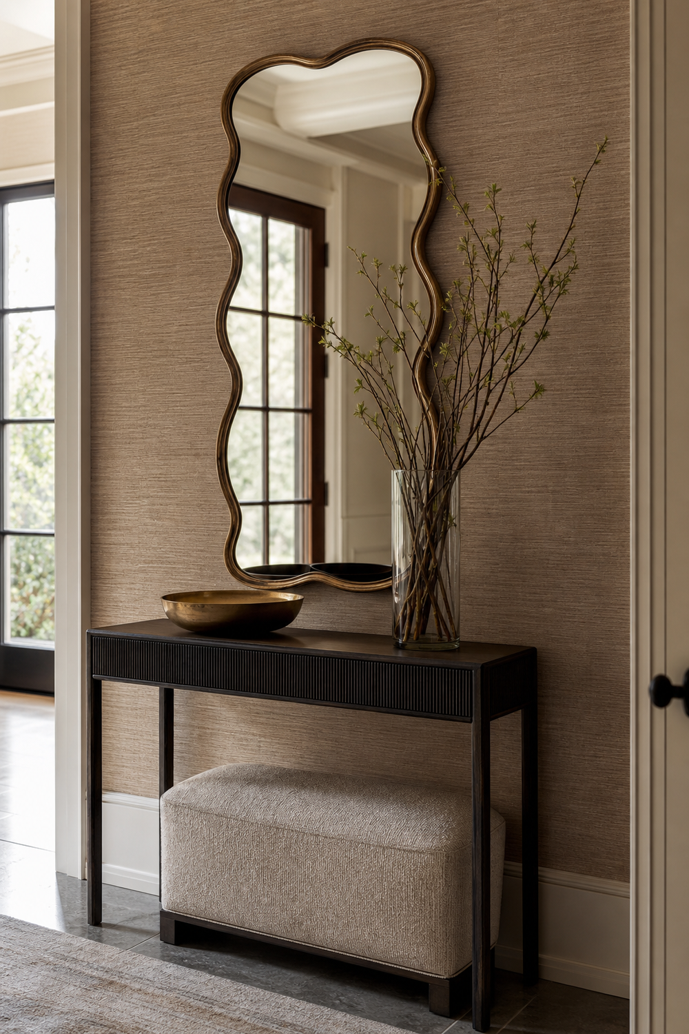 Mix A Wavy Mirror With Textured Wallpaper for wavy mirror ideas