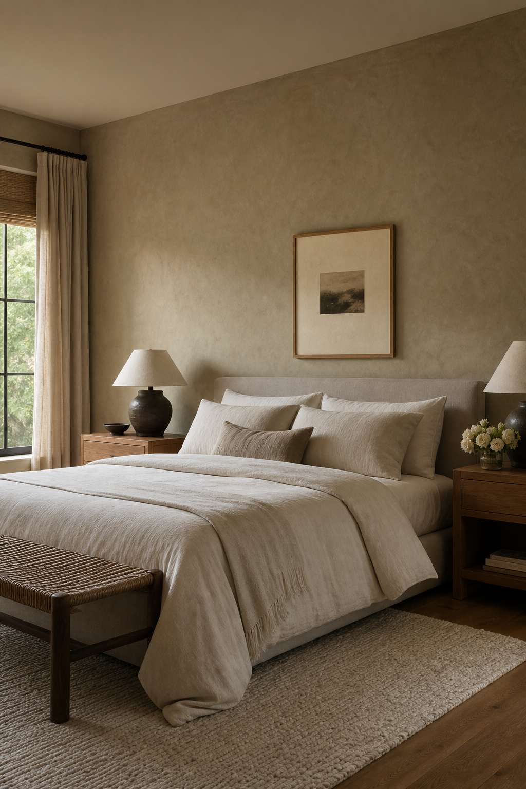 Earthy bedroom with mushroom limewash walls, linen bed, oak nightstands, and ceramic lamps