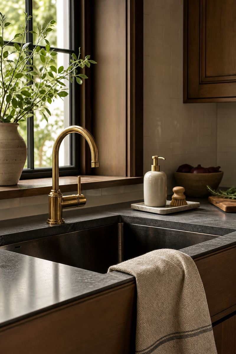 Warm functional kitchen sink zone with brass faucet and tidy tray