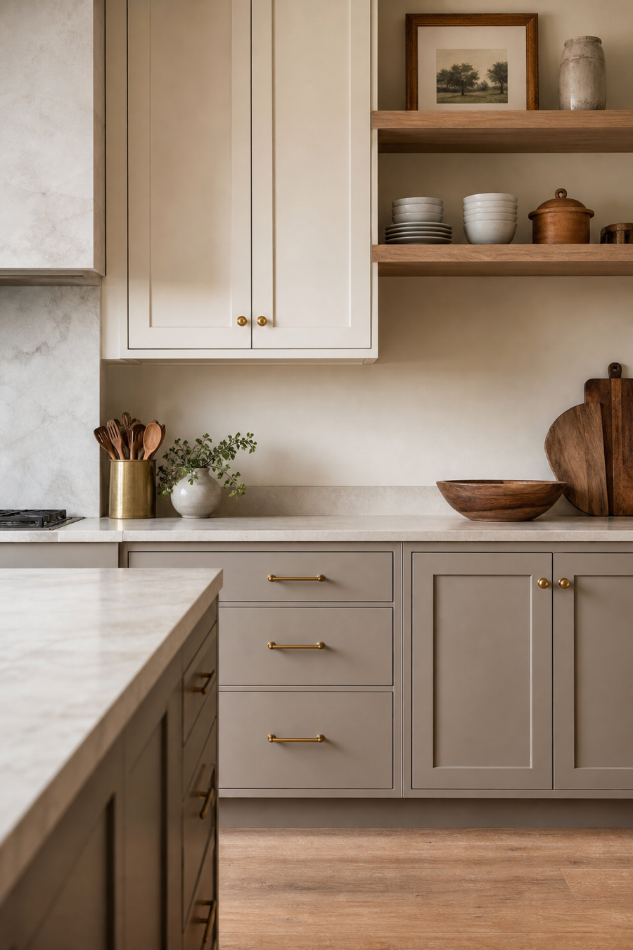 Warm neutral kitchen with soft mushroom lower cabinets