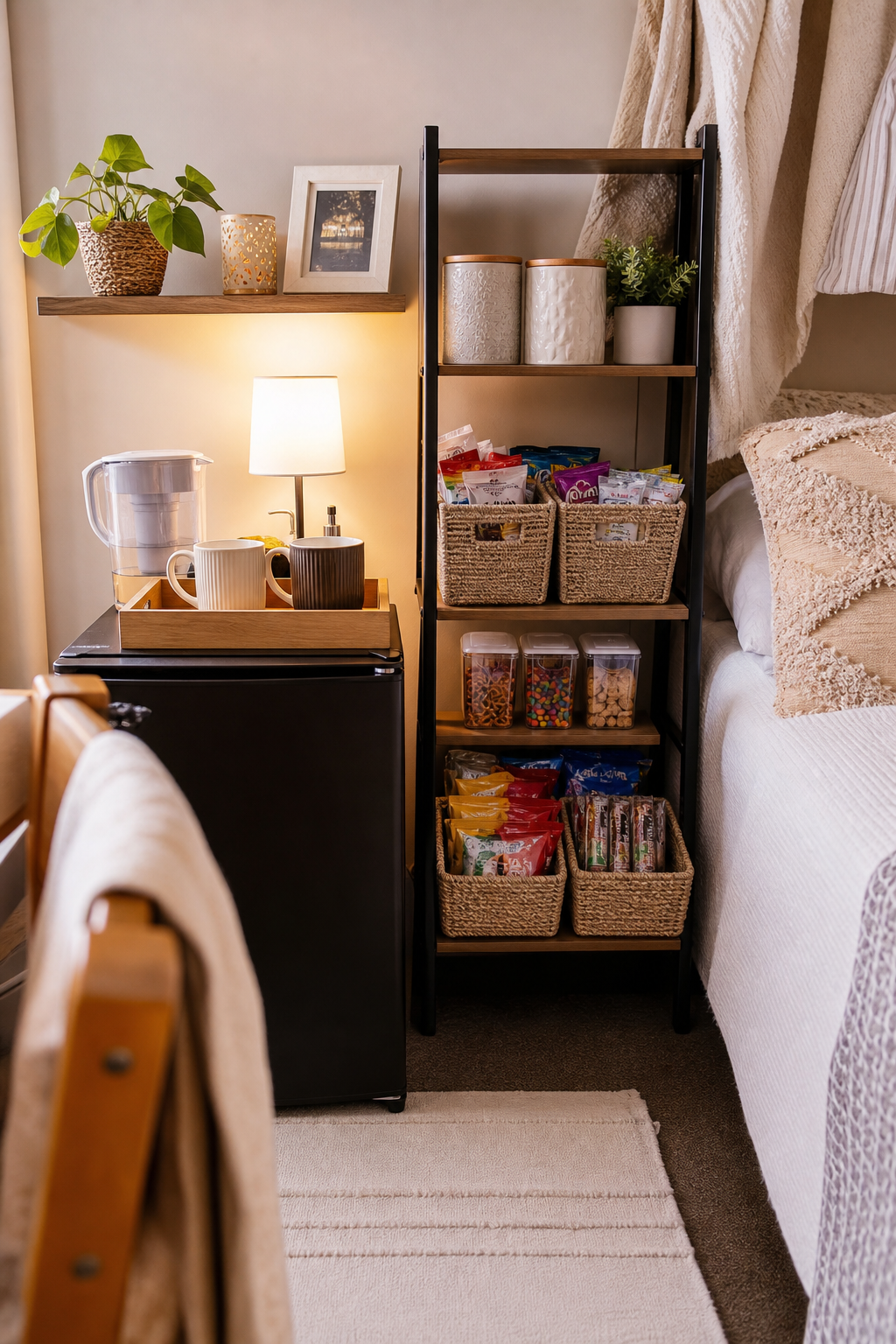 Dorm snack station with mini fridge, tray, mugs, baskets, and small lamp
