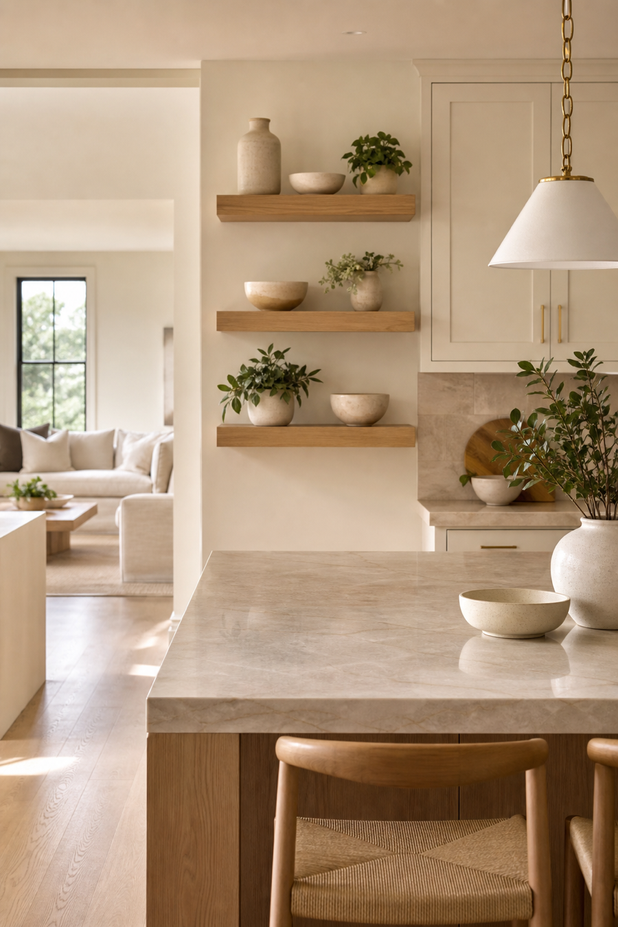 Open kitchen with light upper cabinets and airy living room sightlines