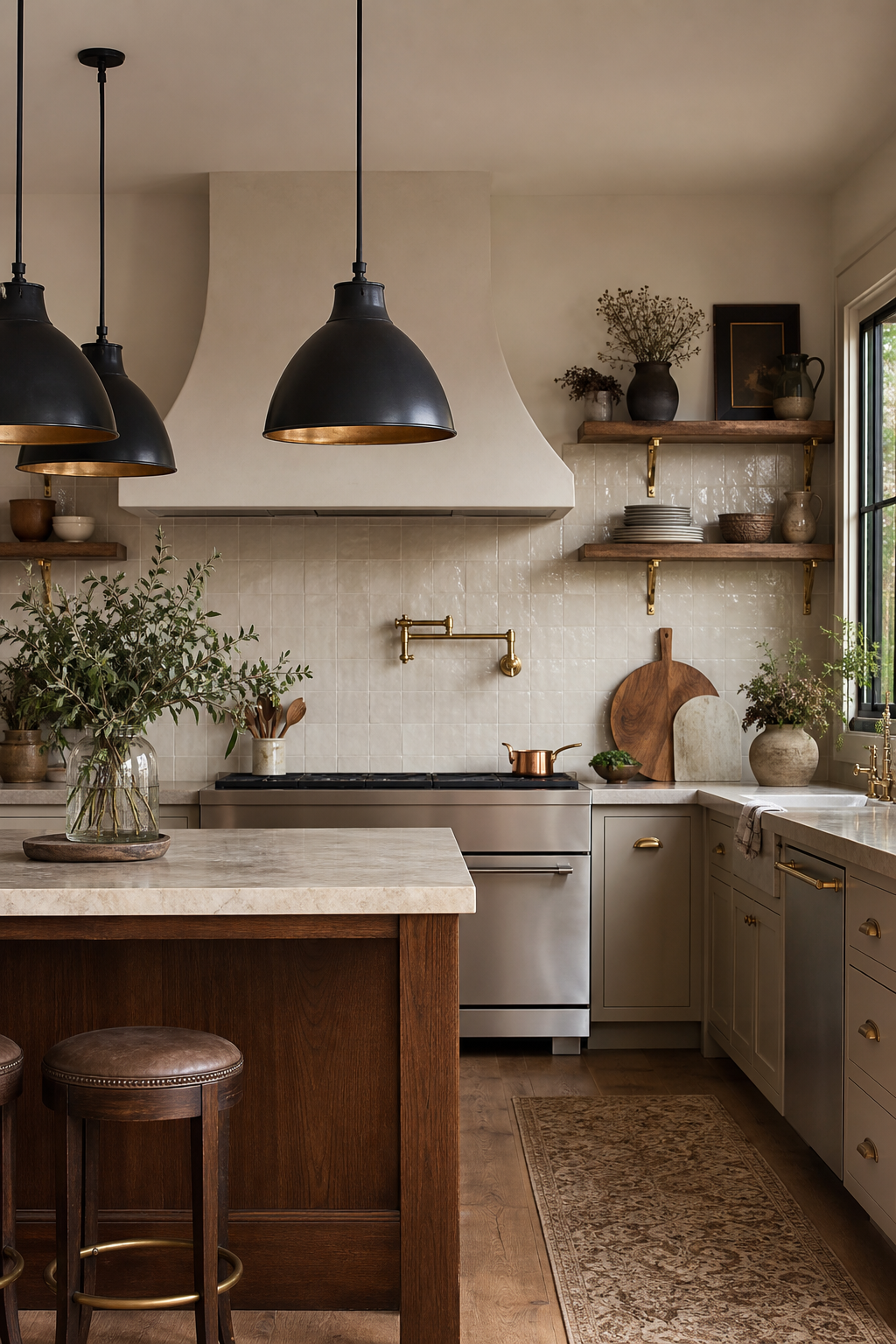 Cozy kitchen with aged brass hardware, black pendants, and warm wood island