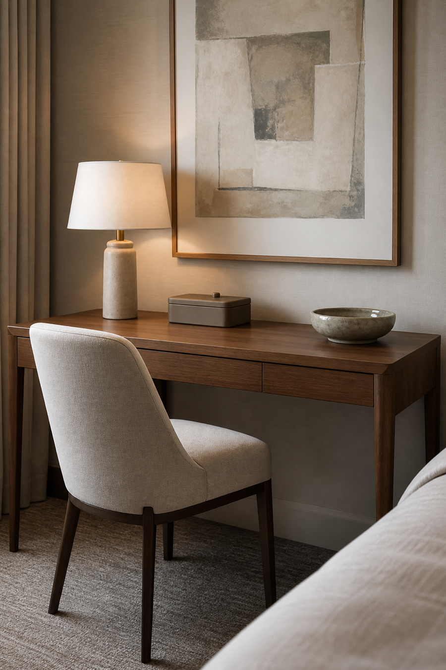Serene bedroom desk nook with lamp and hidden storage