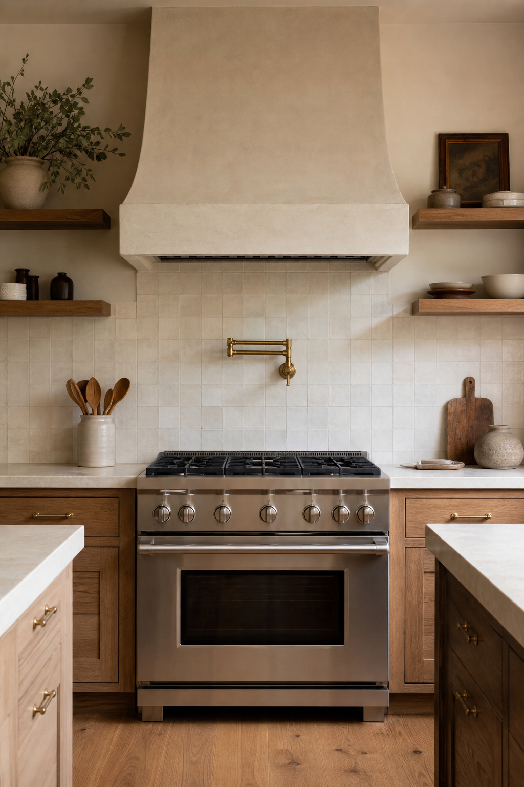 Simple warm kitchen cooking wall with plaster-style range hood, cream tile, and stone counters