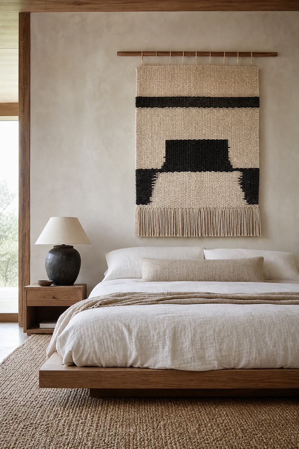 Japandi bedroom with hang One Handwoven Textile