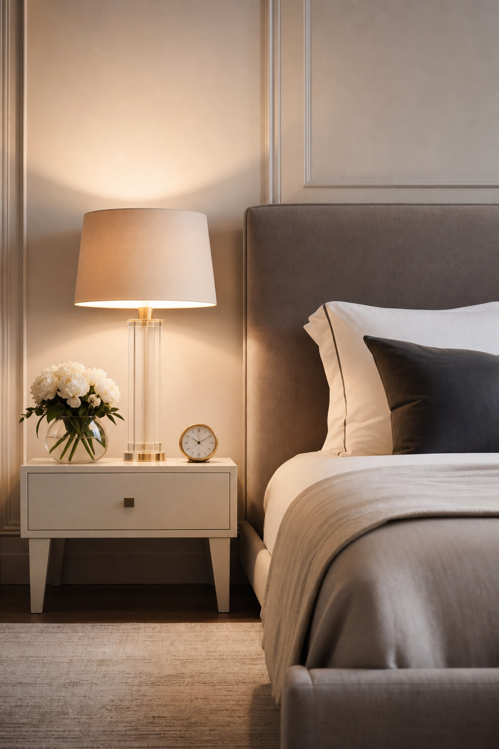 Serene cozy bedroom with hidden cords and visually quiet technology