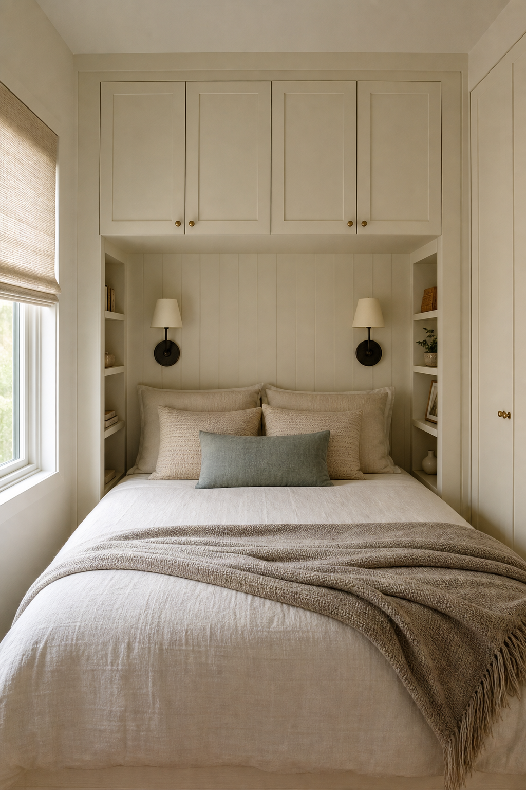 Small bedroom with bed set into shallow built-in millwork niche and integrated sconces