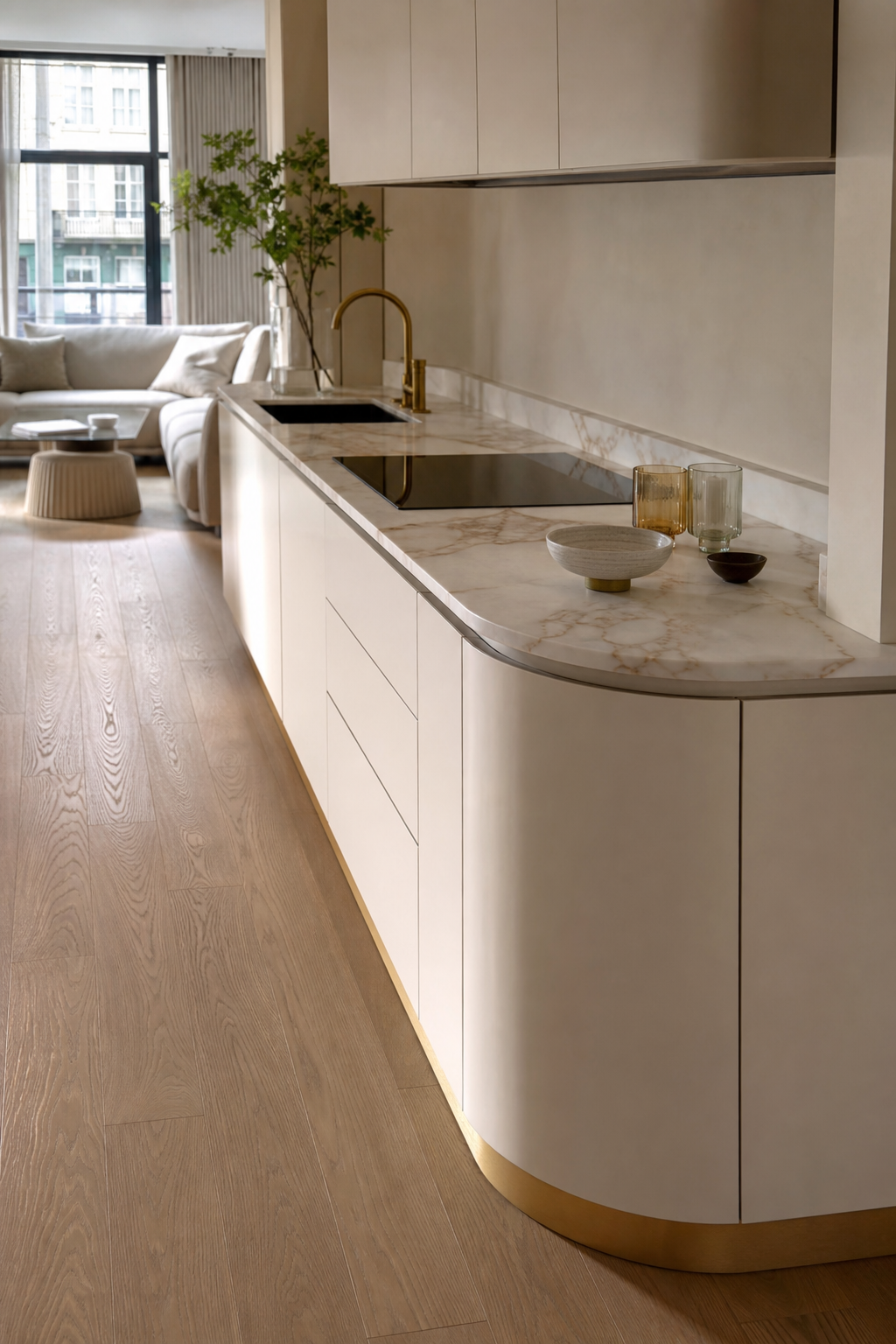 Very small kitchen with curved white cabinet end, rounded marble counter, and brass detail