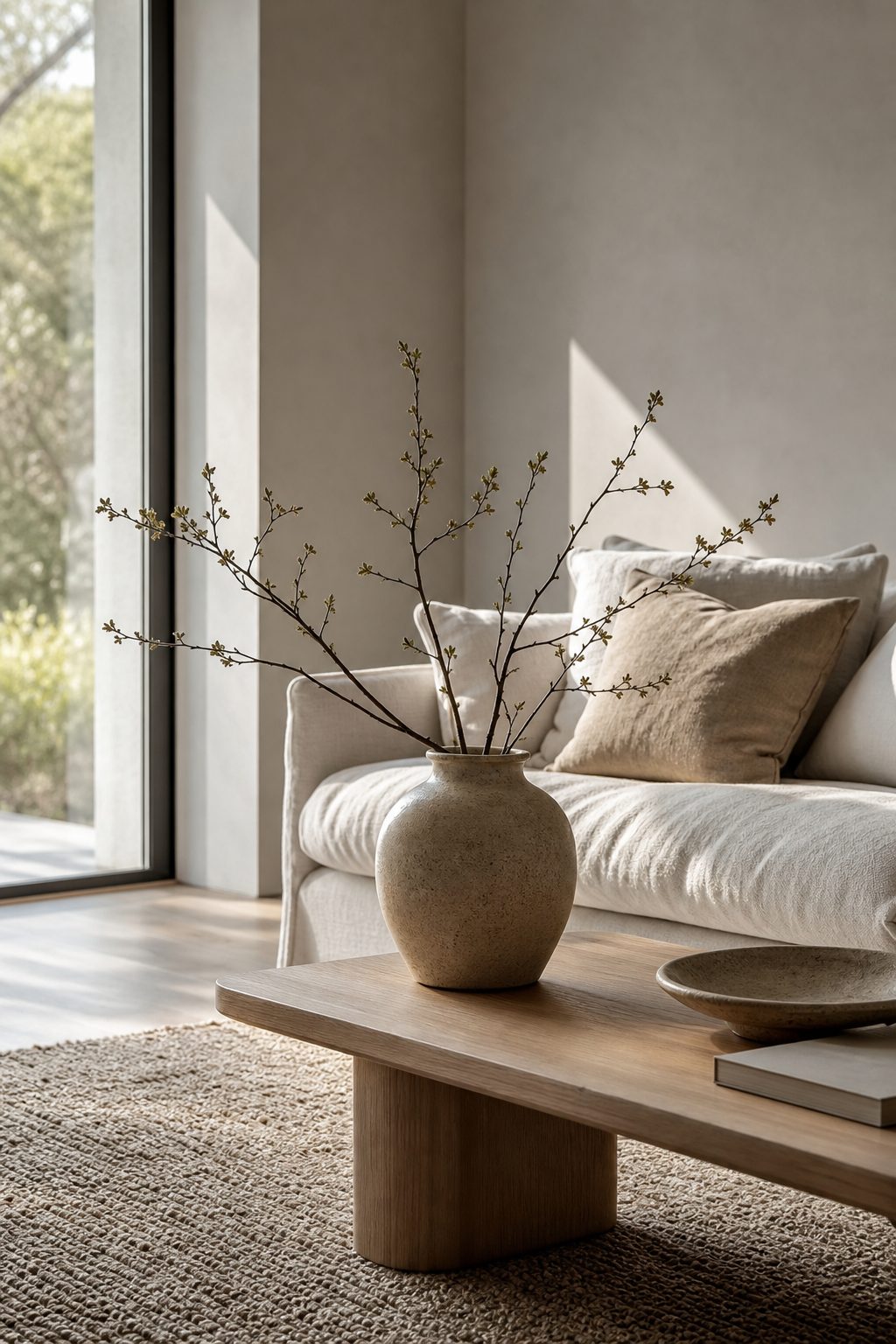 Scandinavian living room with restrained natural branch styling