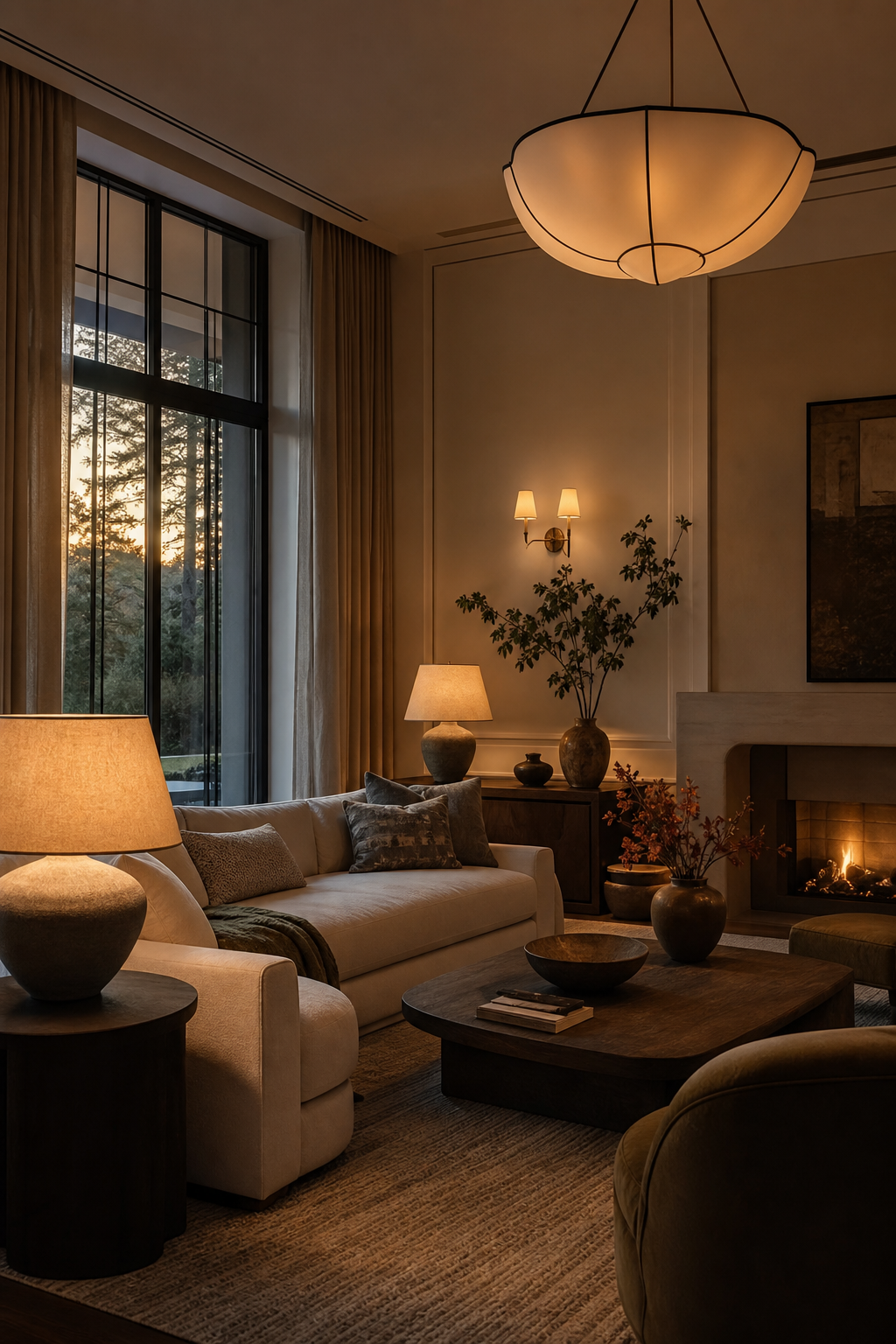 Luxury living room with layered lighting including ceiling fixture, table lamps, sconces, picture light, and warm ambient glow