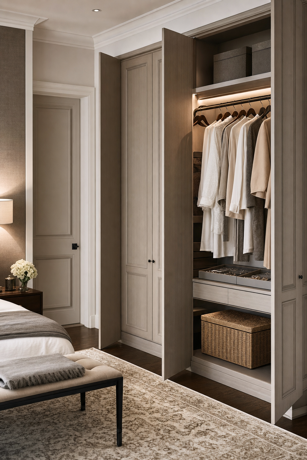 Personal bedroom closet area with matching hangers, woven baskets, curtain, runner, and mirror