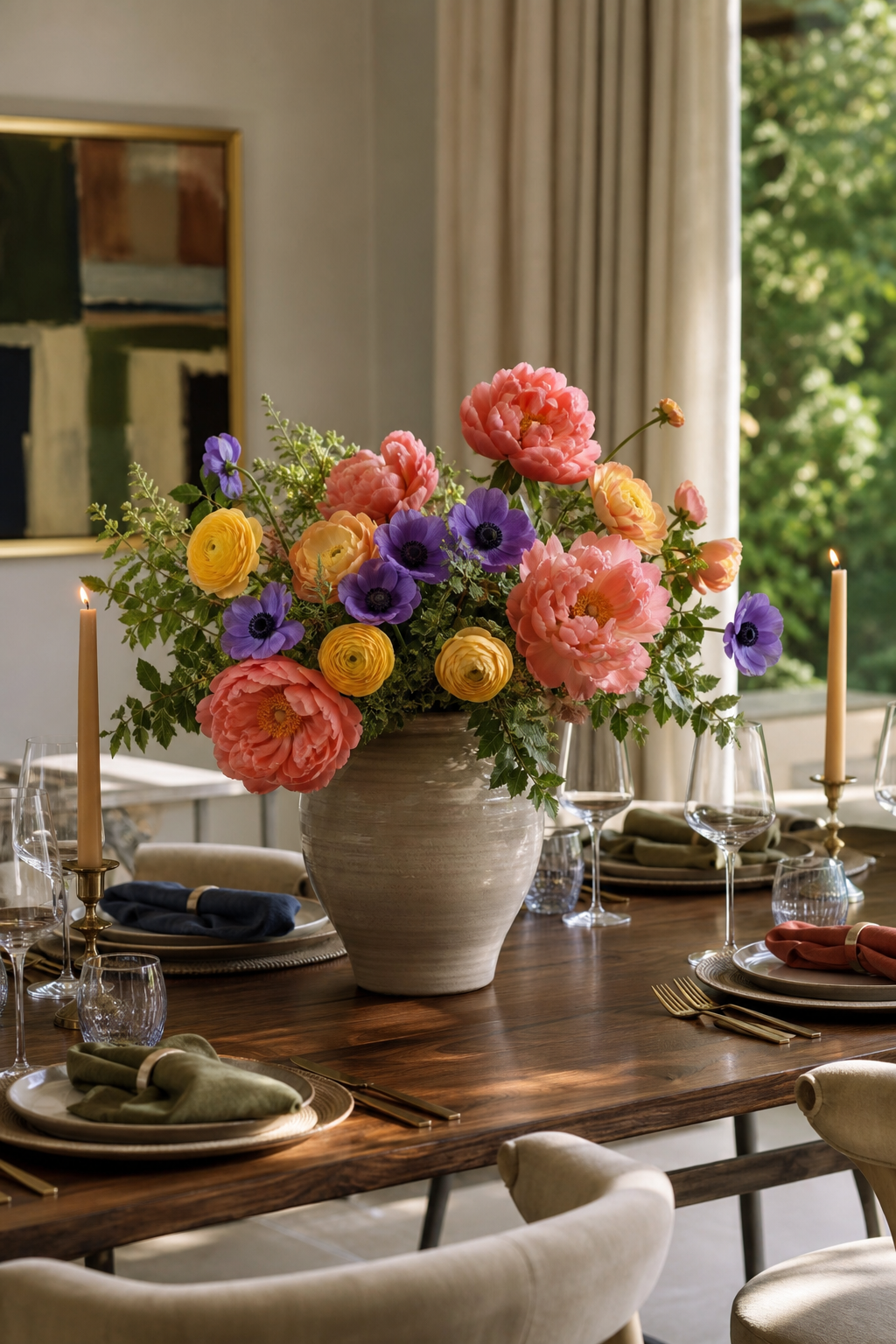 Luxury dining room with colorful floral arrangement, walnut table, linen napkins, and tapered candles
