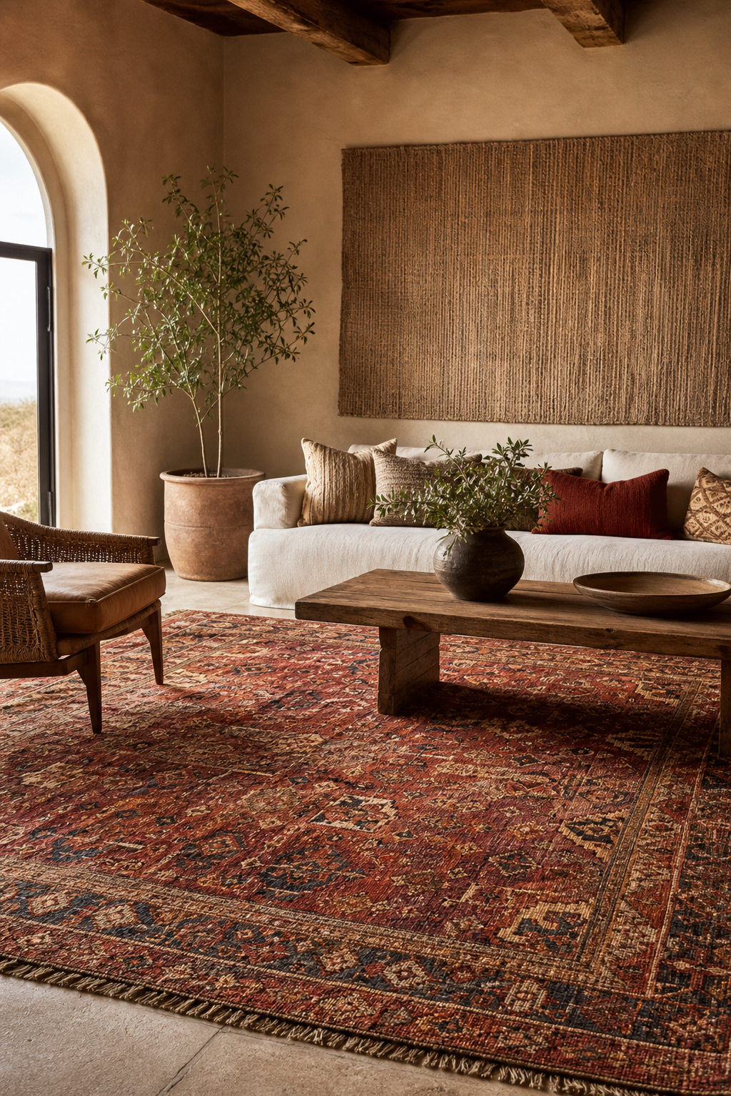 Vintage Moroccan rug used as the hero textile in a boho living room