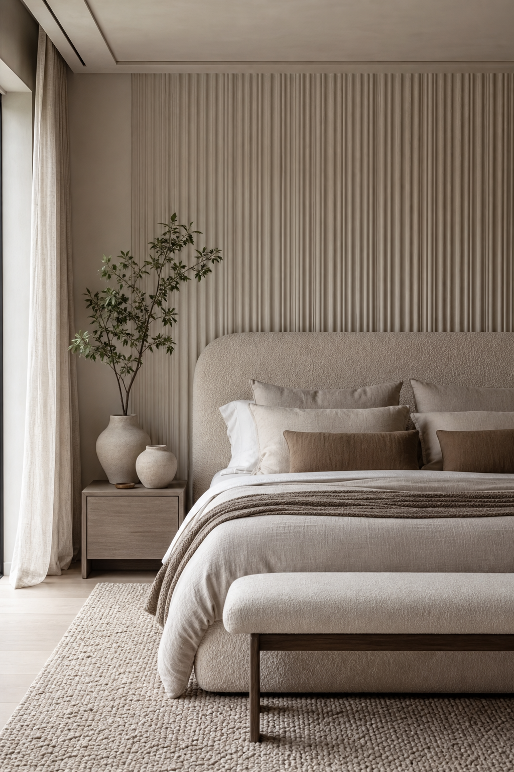 Neutral luxury bedroom with boucle headboard and ribbed plaster wall