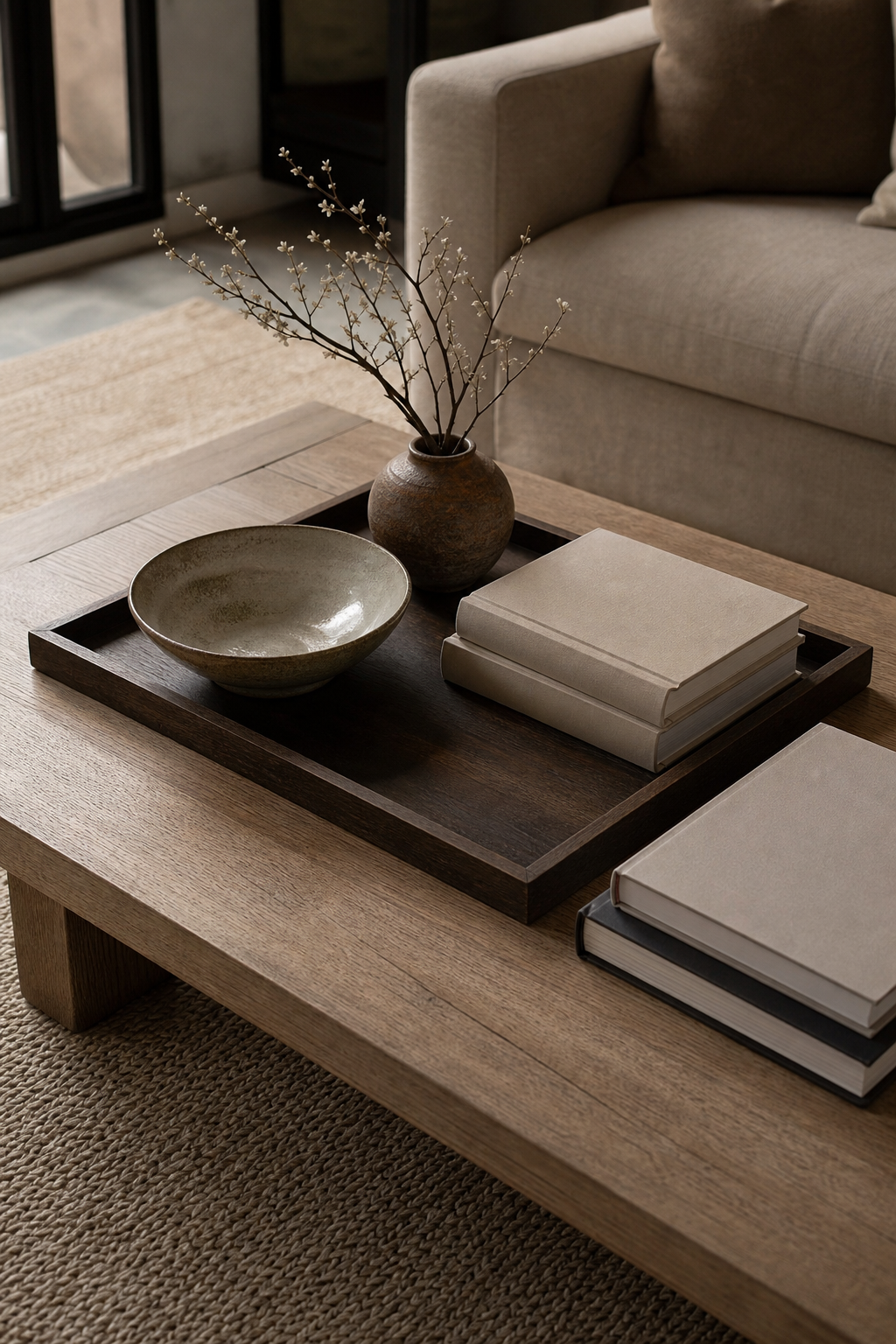 Small living room coffee table styled with low elegant layers