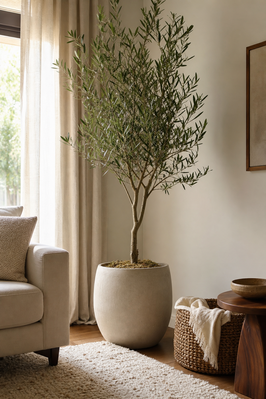 Tall olive tree in a ceramic planter adding sculptural greenery to a small apartment