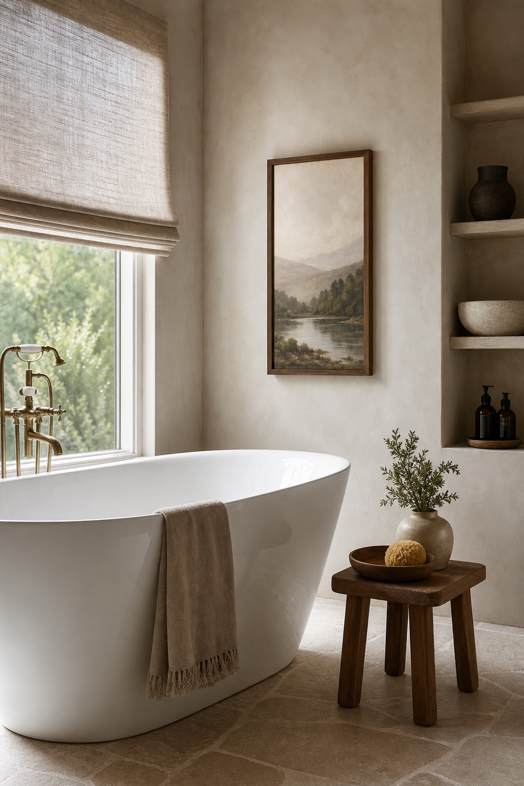 Spa bathroom with framed landscape art beside a freestanding tub