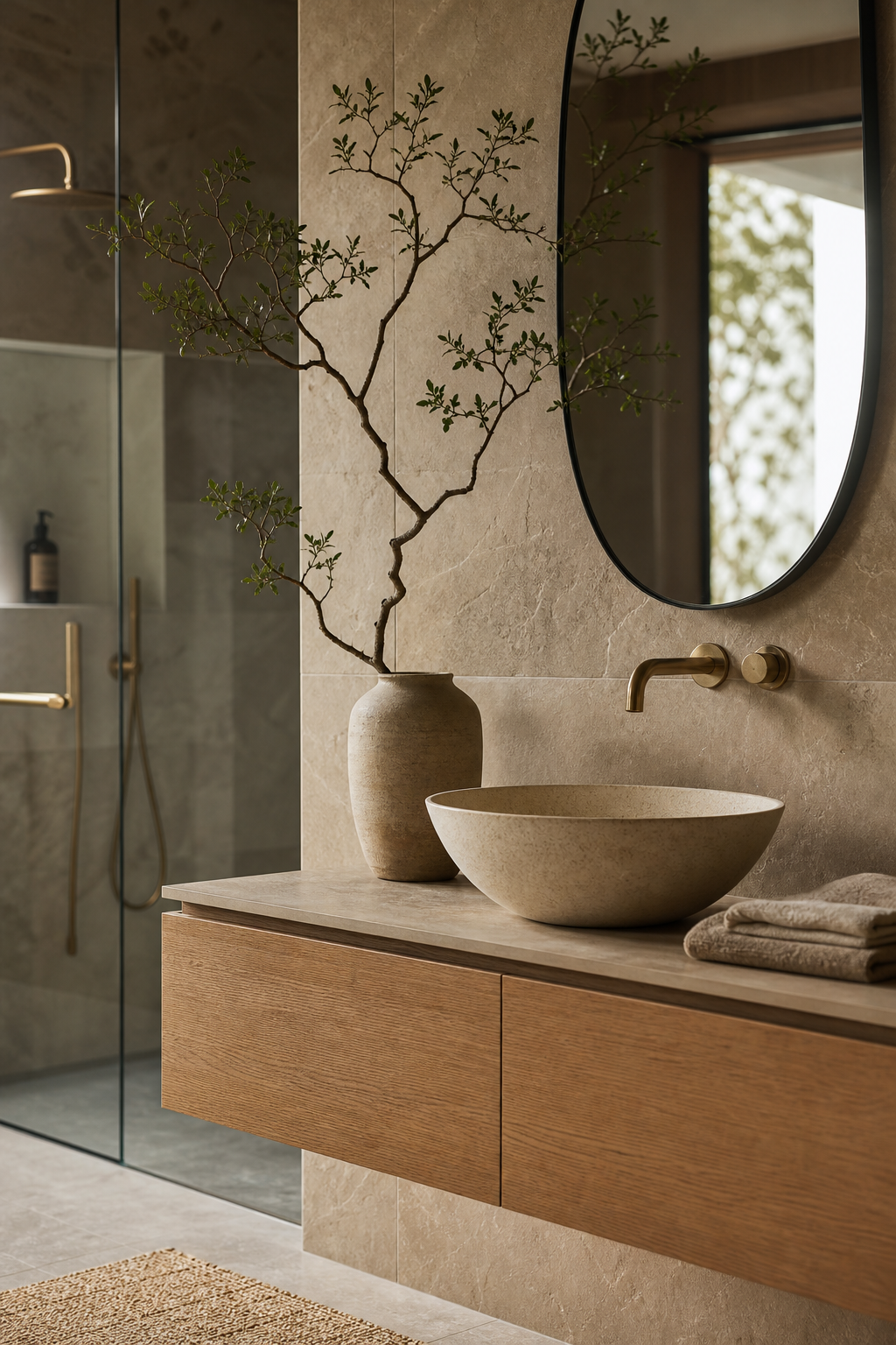 Modern bathroom vanity with a ceramic vase, sculptural branch, oak vanity, and warm stone wall
