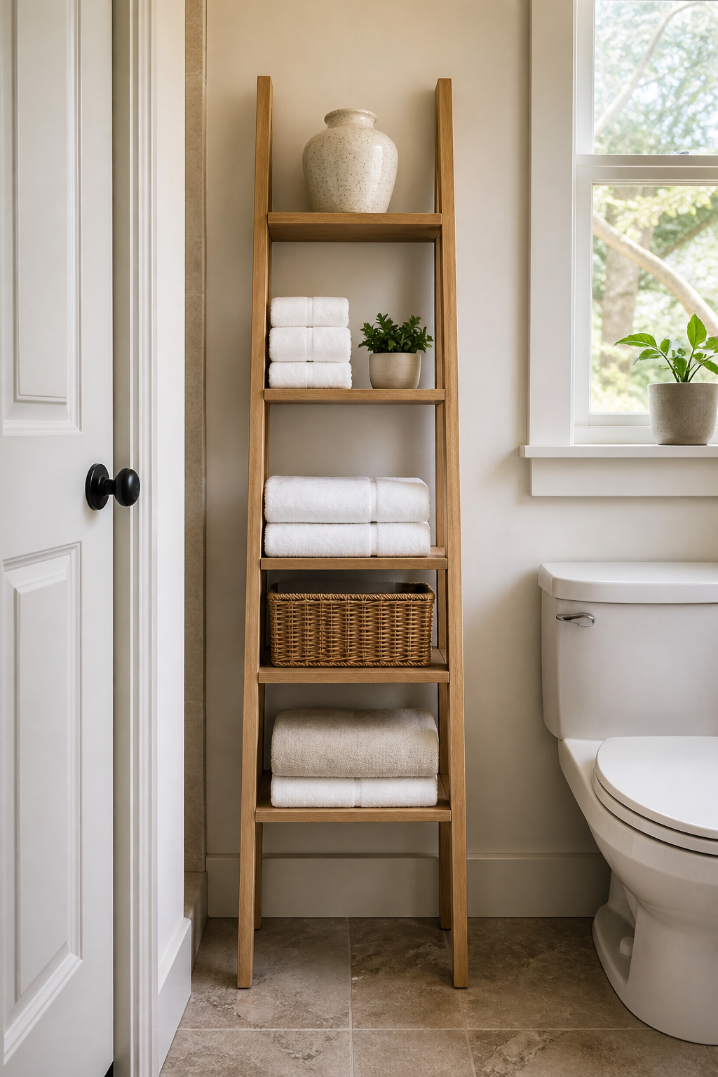Small bathroom with slim ladder shelf holding towels and basket