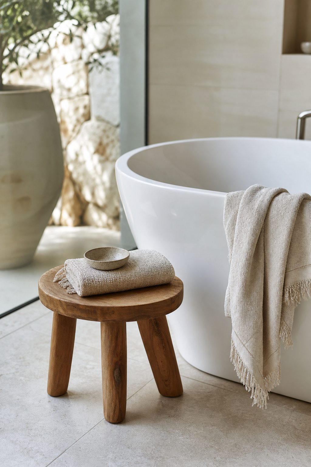 Small teak bath stool beside a freestanding tub