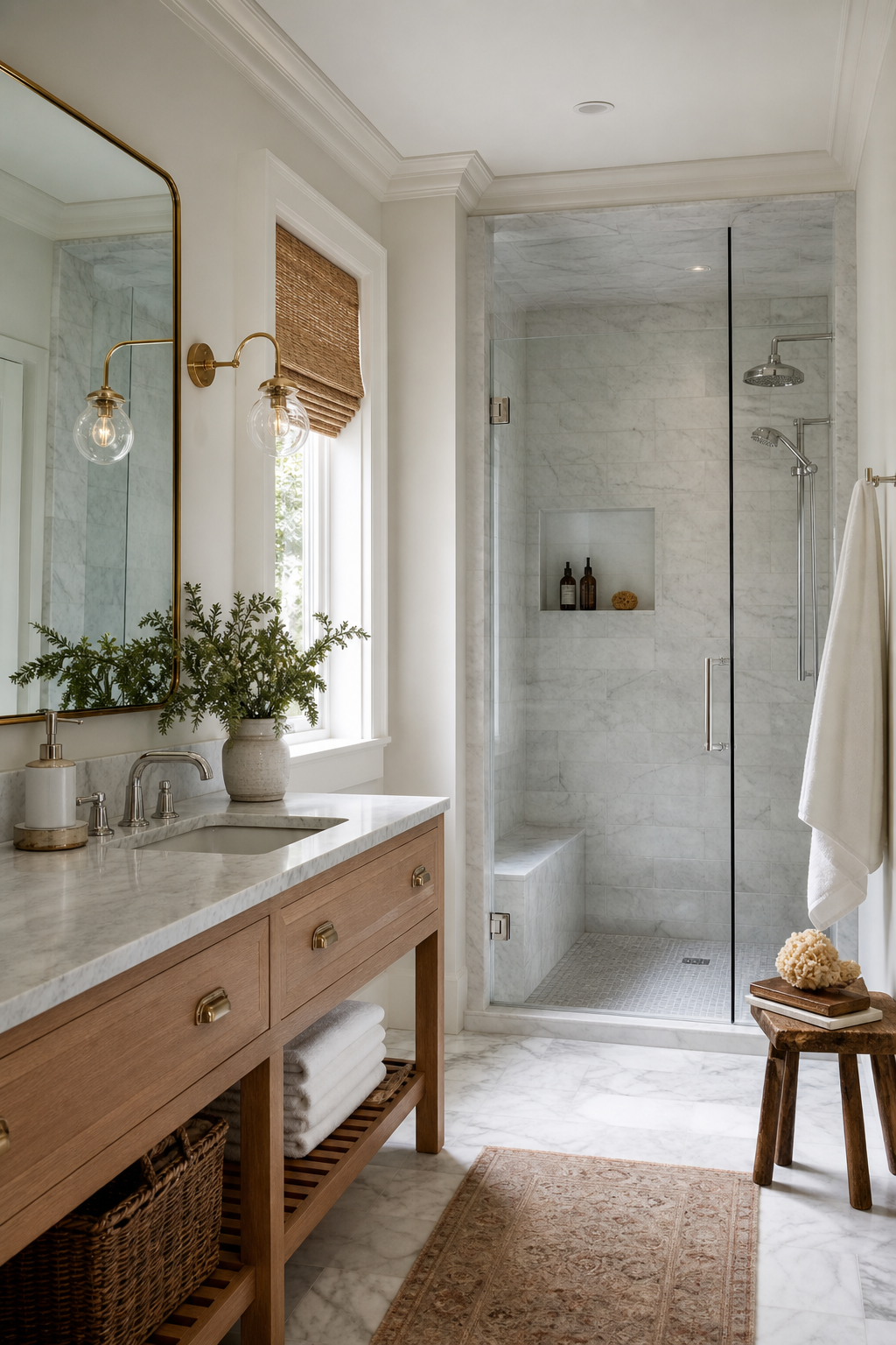 mix chrome and brass subtly in a cozy spa-like bathroom