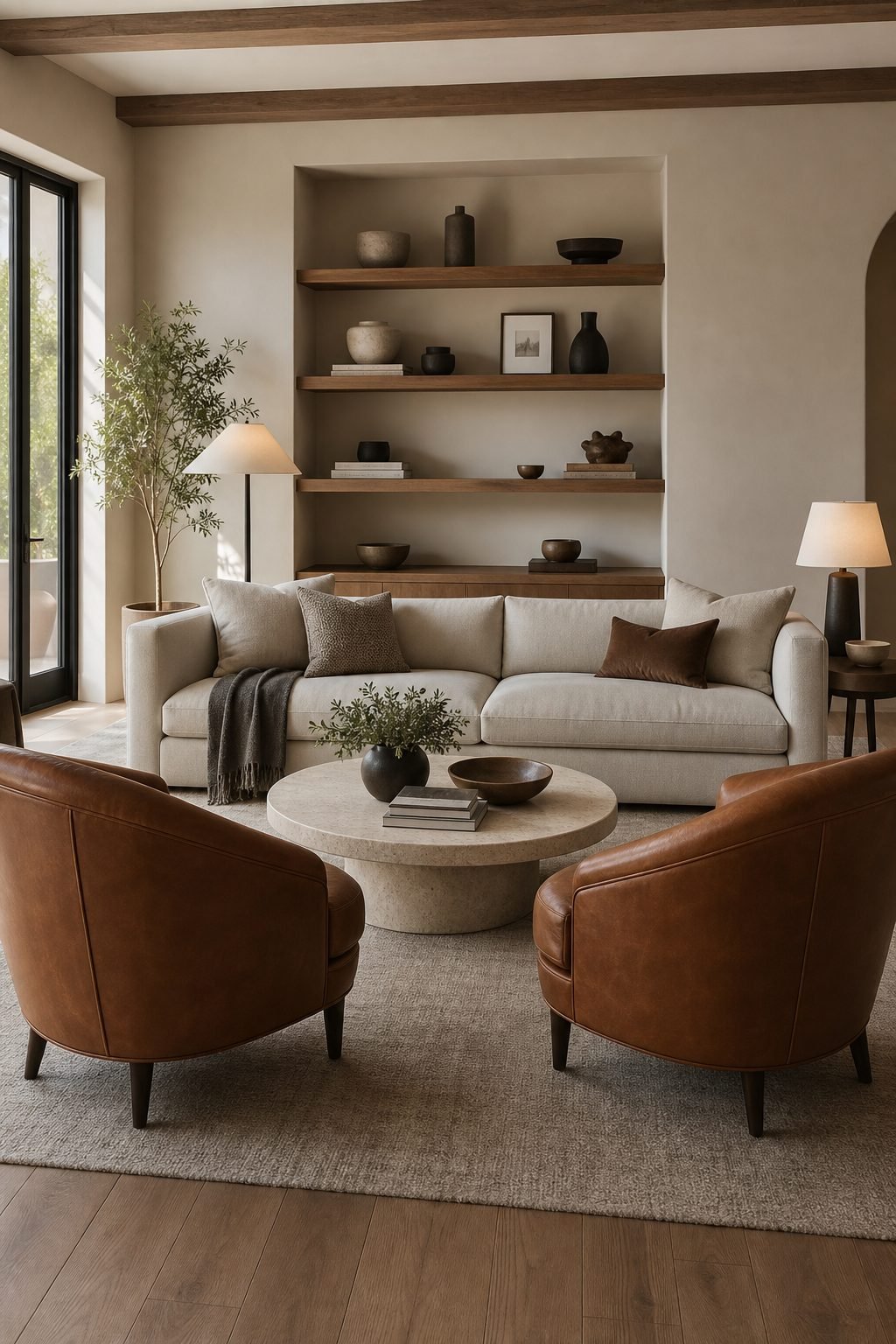 Ivory 3 seater sofa paired with two curved leather chairs for an intimate conversation layout