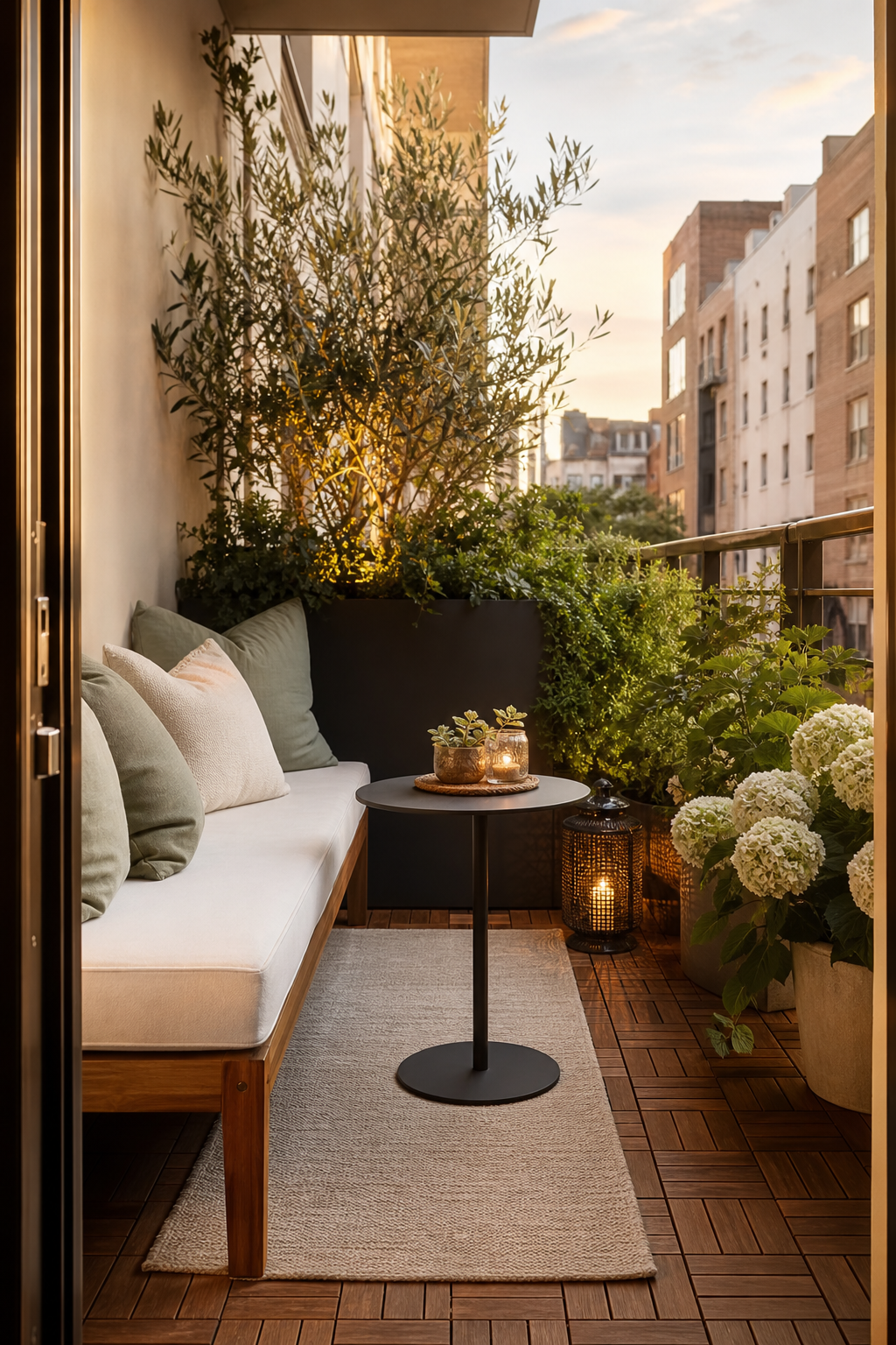 Small balcony with teak tiles, outdoor seating, planters, and lantern