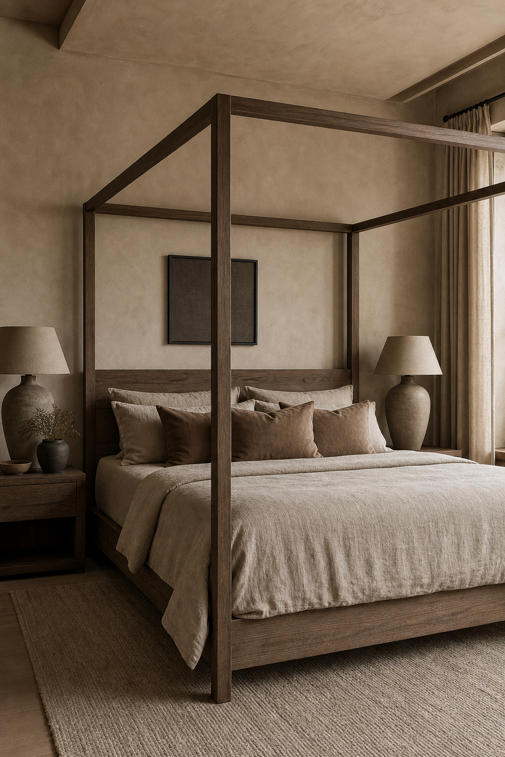 Monochrome taupe bedroom with a refined canopy bed