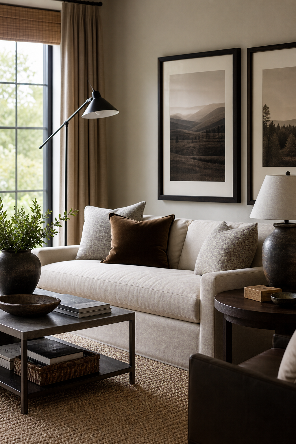 Cozy neutral living room with black metal lamp and dark frames