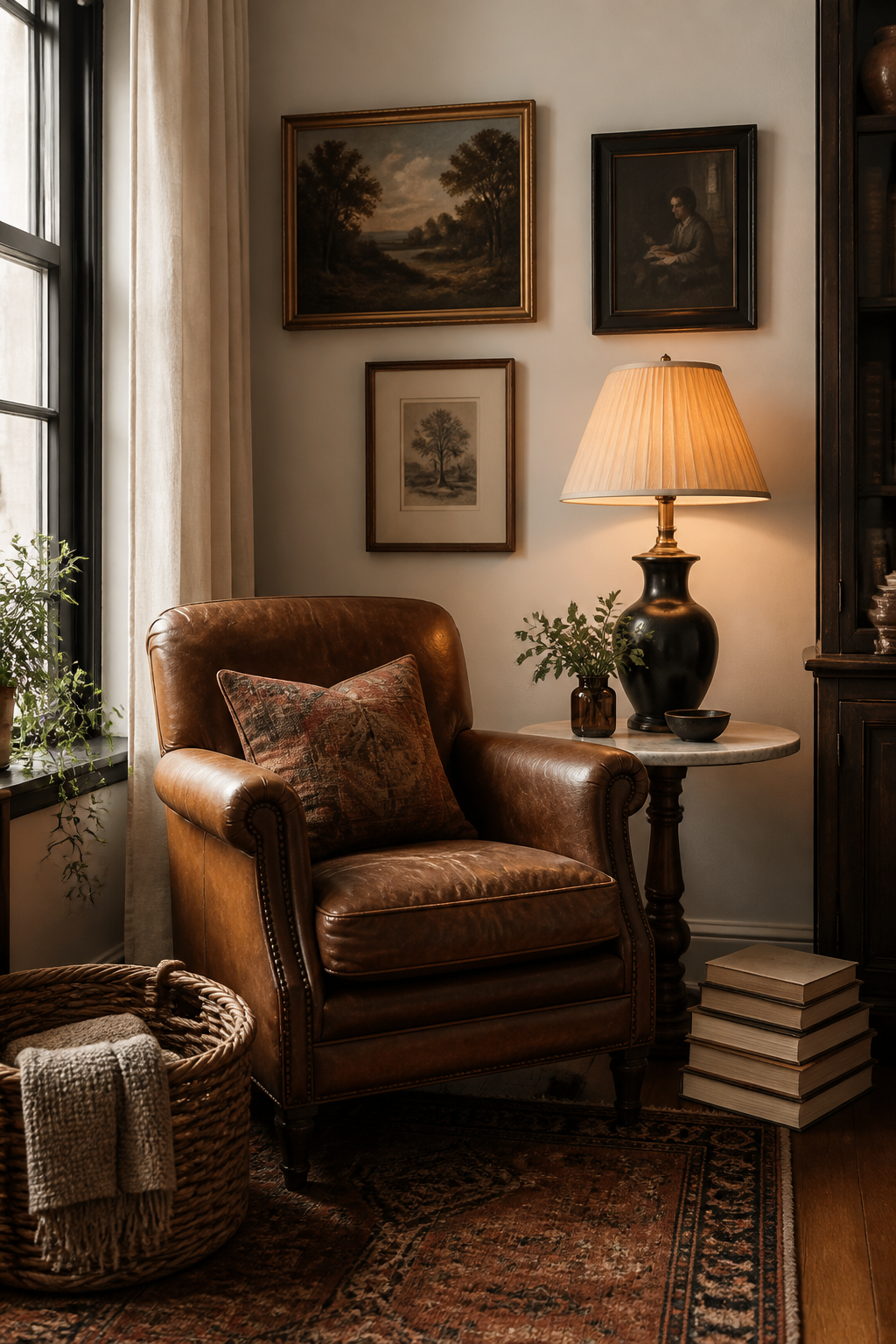 Cozy eclectic reading nook with leather chair and warm lamp