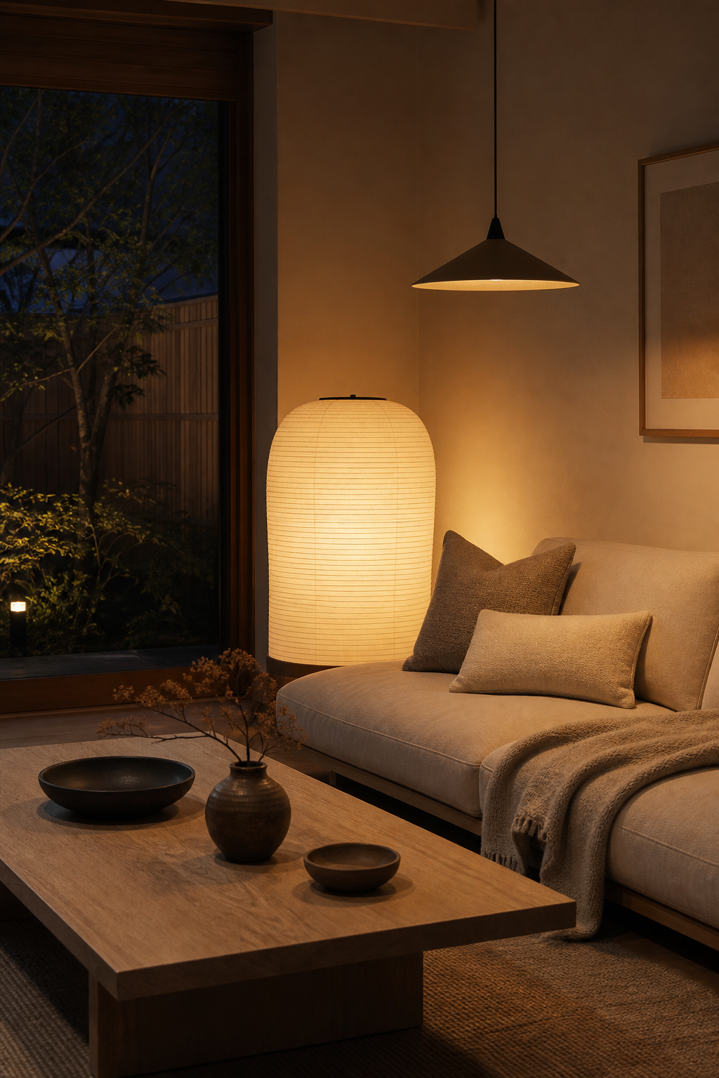 Japandi living room at dusk with warm layered lighting