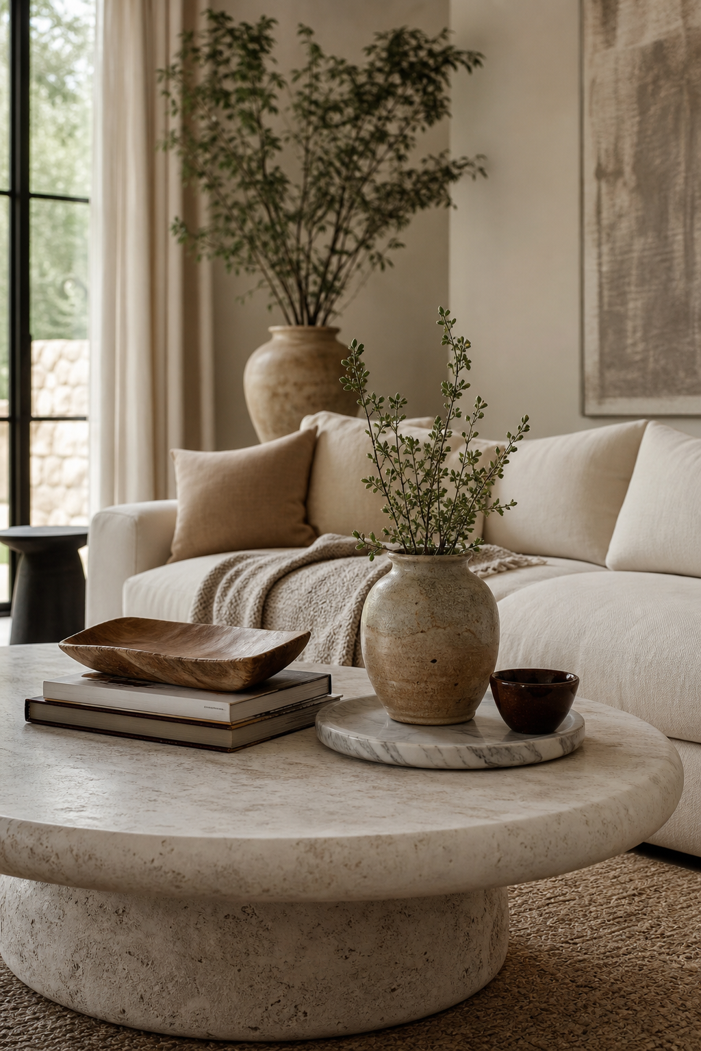 Contemporary living room with minimal luxury accessories and curated coffee table styling