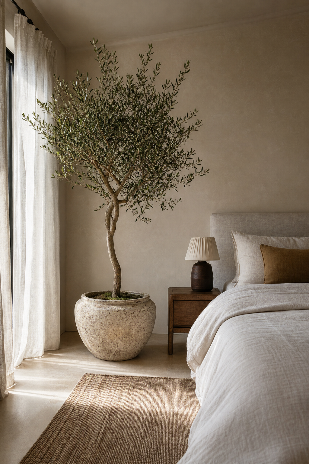 Sculptural indoor tree adding simple greenery to a bedroom